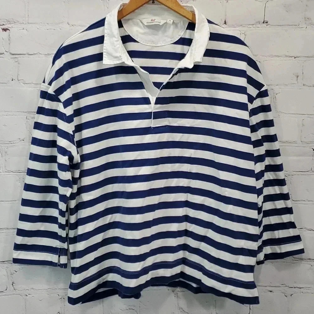Vineyard Vines Women's Striped Rugby Popover 3/4 Sleeve Blue/White Set Stripe - Picture 2 of 16